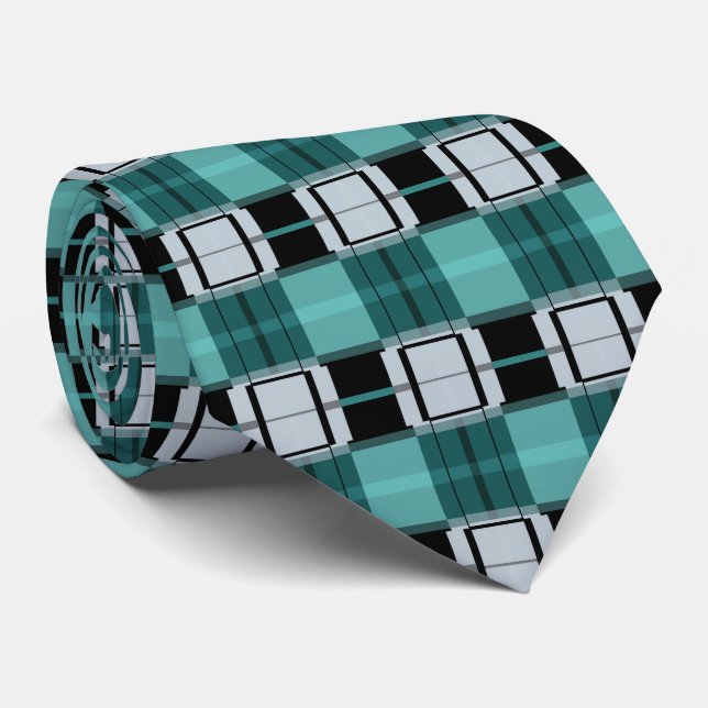 Trendy Teal Green Blue Black White Abstract Plaid Tie (Rolled)