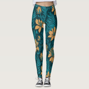 Trendy Teal Leaves Orange Tropical Floral Pattern  Leggings