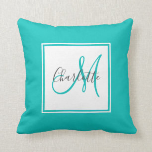 Trendy teal monogram throw pillow