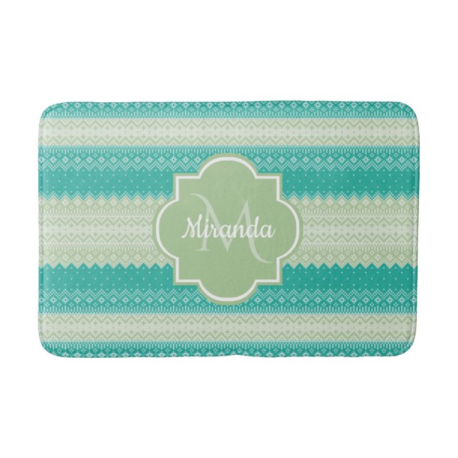 Trendy Teal Neo Mint Green Knit Pattern and Name Bath Mat (Front)