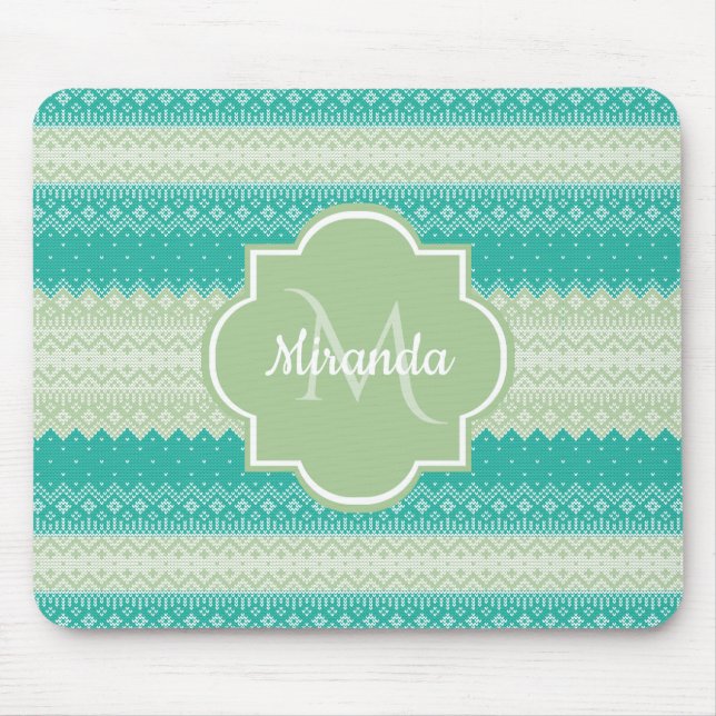 Trendy Teal Neo Mint Green Knit Pattern and Name Mouse Mat (Front)