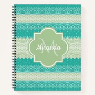 Trendy Teal Neo Mint Green Knit Pattern and Name Notebook