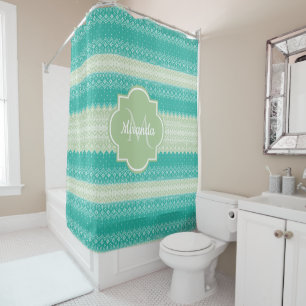 Trendy Teal Neo Mint Green Knit Pattern and Name Shower Curtain