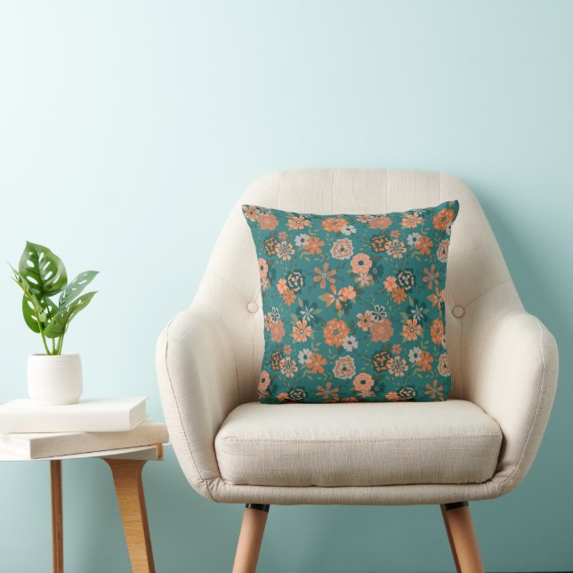 Trendy Teal Orange Flowers Cushion (Chair)