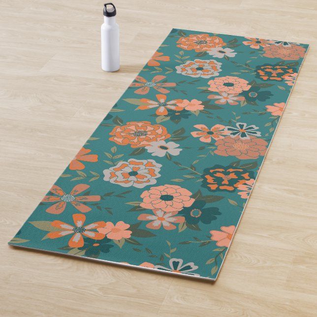 Trendy Teal Orange Pattern Flowers And Vines Yoga Mat (In Situ)