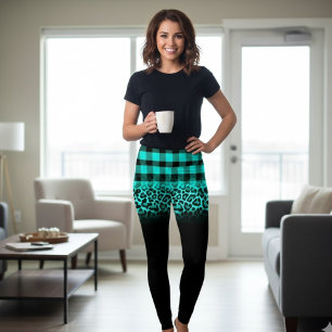Trendy teal plaid and leopard print leggings