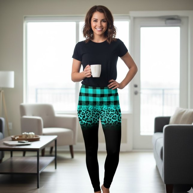 Trendy teal plaid and leopard print leggings (Creator Uploaded)