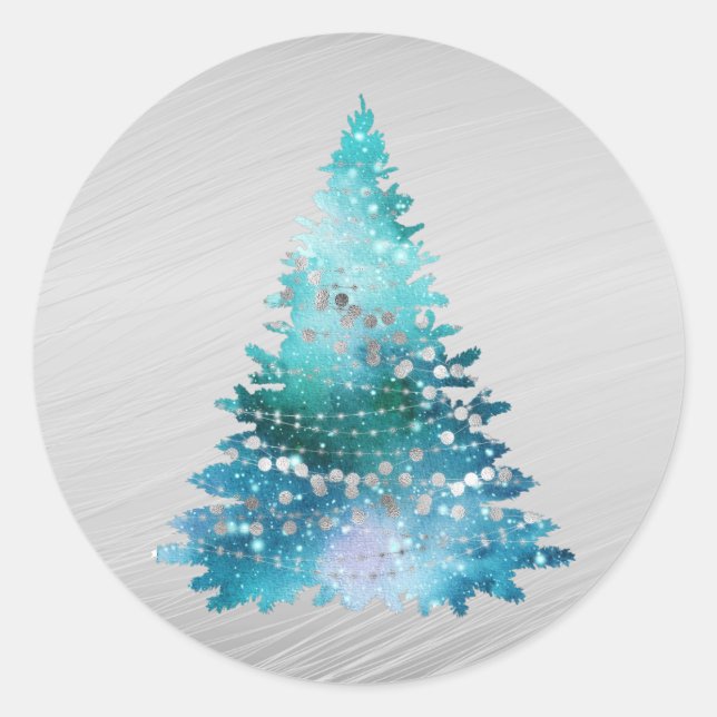 Trendy Teal Silver Glitter Tree Christmas Classic Round Sticker (Front)