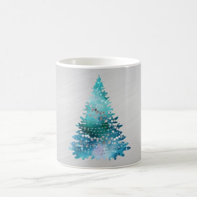 Trendy Teal Silver Glitter Tree Christmas Coffee Mug (Center)