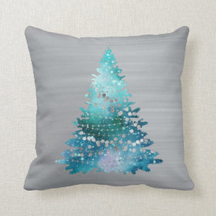 Trendy Teal Silver Glitter Tree Christmas Cushion