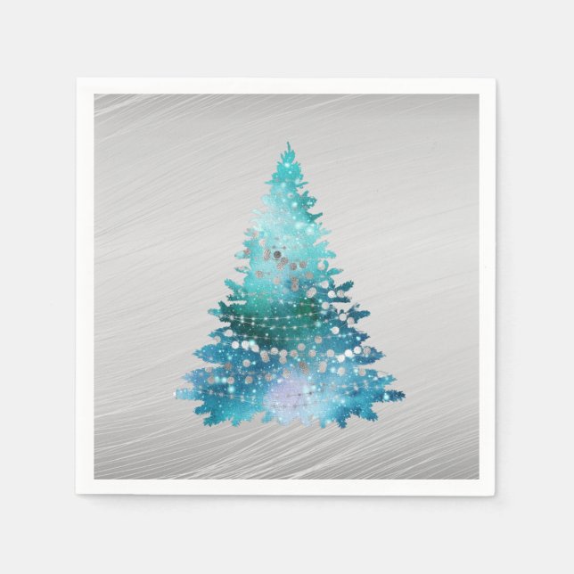 Trendy Teal Silver Glitter Tree Christmas Napkin (Front)