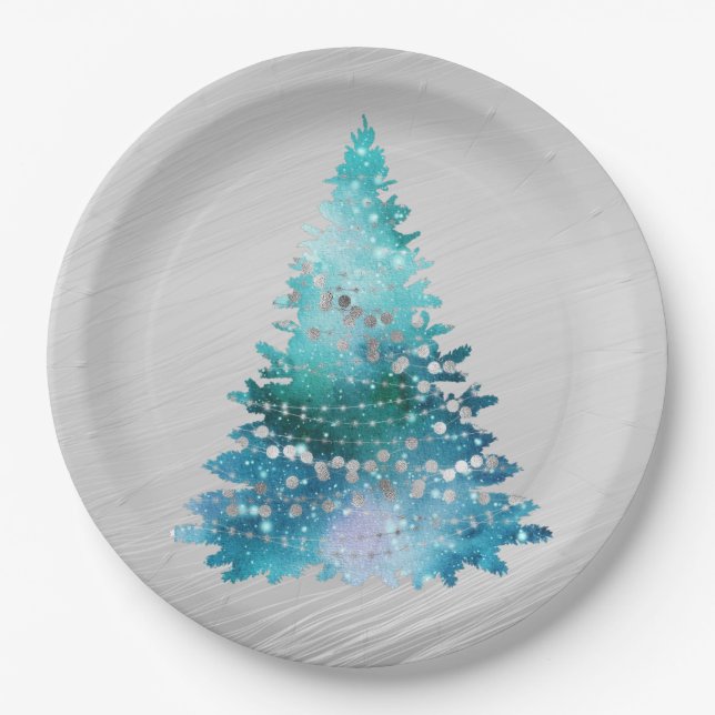 Trendy Teal Silver Glitter Tree Christmas Paper Plate (Front)