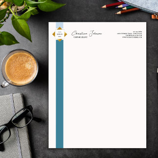 Trendy Teal Stripes Gold Logo Custom Letterhead