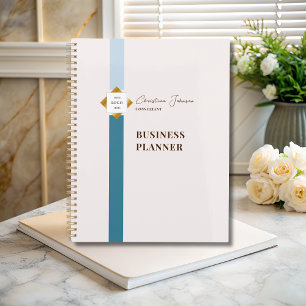 Trendy Teal Stripes Gold Logo Planner
