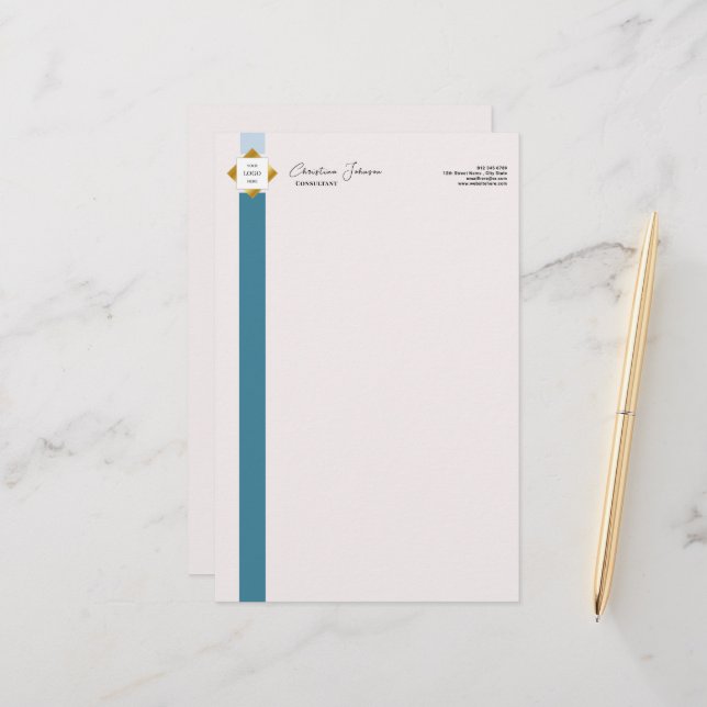 Trendy Teal Stripes Gold Logo Stationery (Front/Back In Situ)