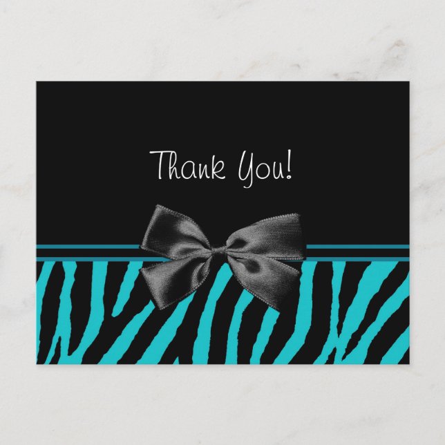 Trendy Teal Thank You Zebra Print With Ribbon Postcard (Front)