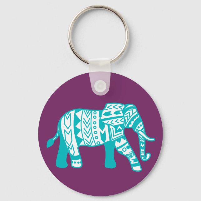Trendy Teal Tribal Boho Elephant Key Ring (Front)