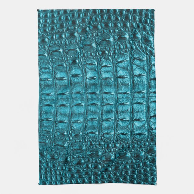 trendy teal turquoise aqua blue alligator print tea towel (Vertical)