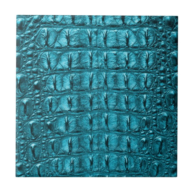 trendy teal turquoise aqua blue alligator print tile (Front)