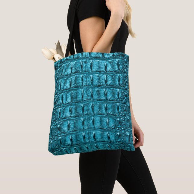 trendy teal turquoise aqua blue alligator print tote bag (Close Up)