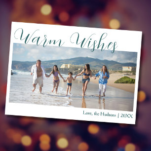 Trendy Teal Warm Wishes Two Beach Family Photo Holiday Card