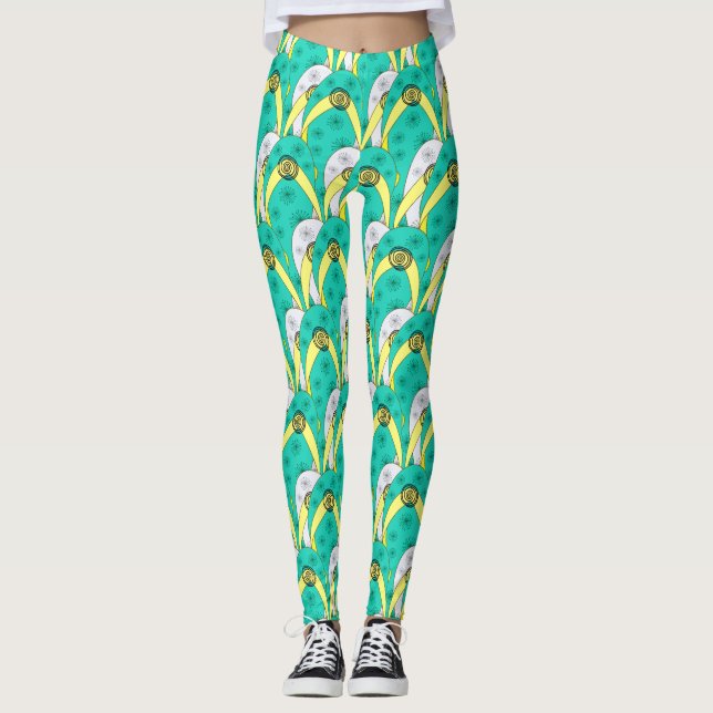 Trendy Teal White Overlapping Flip Flops Pattern Leggings (Front)