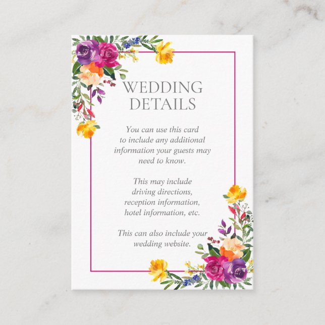 Trendy Technicolor Boho Floral Wedding Details Enclosure Card (Front)
