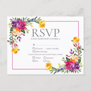 Trendy Technicolor Boho Floral Wedding RSVP Invitation Postcard