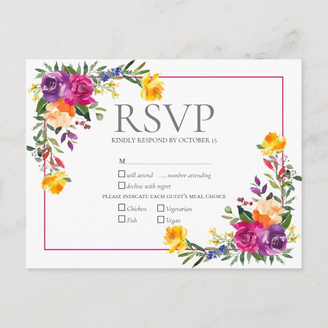 Trendy Technicolor Boho Floral Wedding RSVP Invitation Postcard (Front)