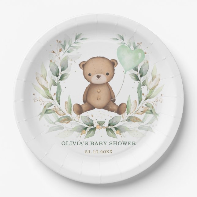 Trendy Teddy Bear Greenery Wreath Sage Balloon Paper Plate (Front)