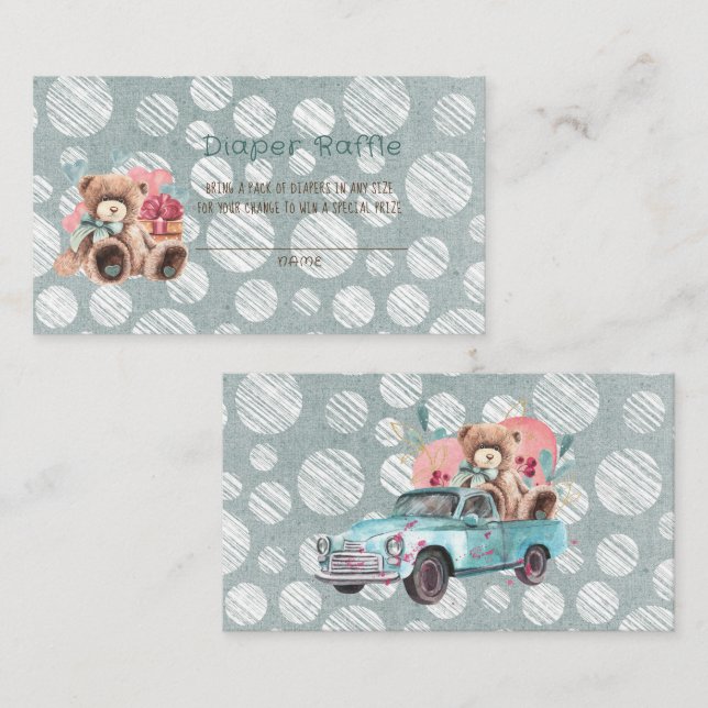 Trendy Teddy Bear Hearts Diaper Raffle Business Card (Front/Back)