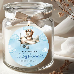 Trendy Teddy Bear Pilot Airplane Blue Brown Baby  Classic Round Sticker