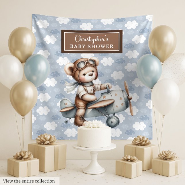 Trendy teddy bear pilot baby shower backdrop tapestry (Trendy teddy bear pilot baby shower photo wall)