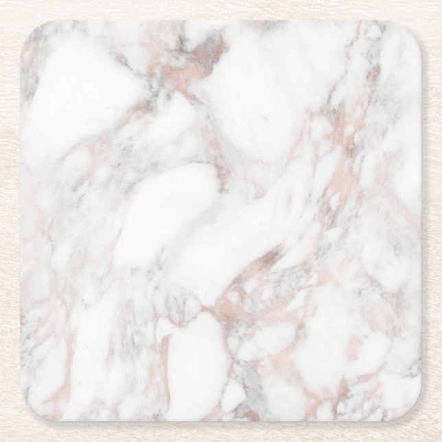 Trendy Template Elegant Rose Gold White Marble Square Paper Coaster (Front)