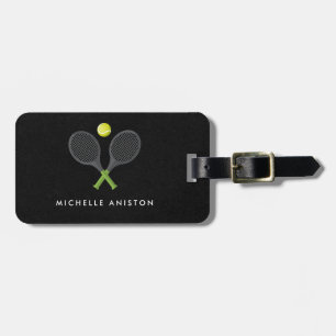 Trendy Tennis Racquet and Ball Personalised Black Luggage Tag
