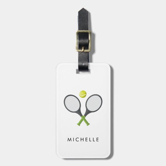 Trendy Tennis Racquet and Ball Personalised   Luggage Tag (Front Vertical)