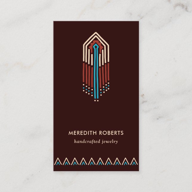 Trendy Terra Cotta Turquoise Tribal Design Business Card (Front)