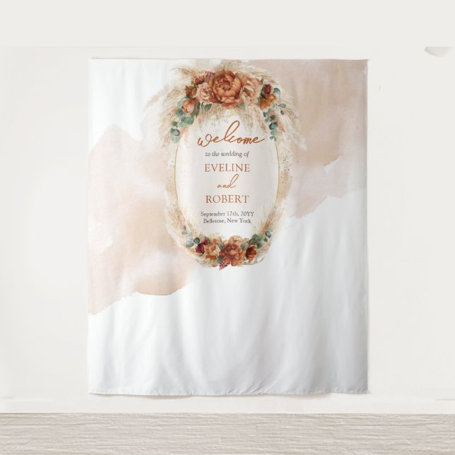 Trendy terracotta burgundy pampas arch backdrop tapestry (Front)