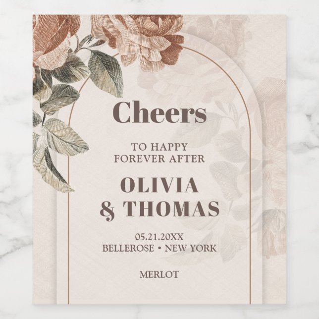 Trendy Terracotta flowers sage brown hues arch Wine Label (Single Label)