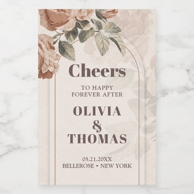 Trendy Terracotta flowers sage brown hues arch Wine Label (Single Label)