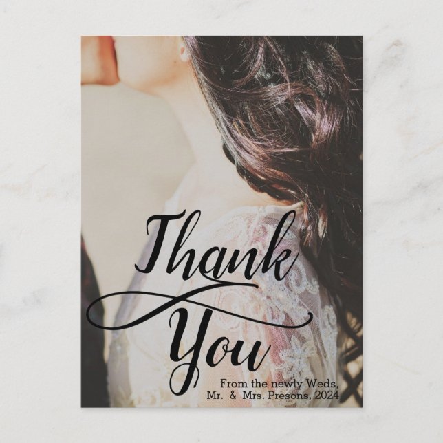 Trendy Thank You Black Script Photo Wedding  Postcard (Front)