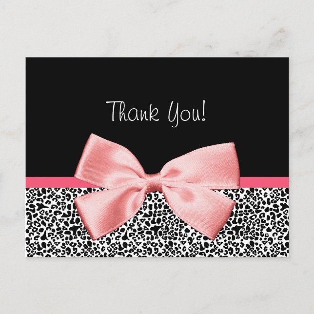 Trendy Thank You Leopard Print With Pink Ribbon Postcard (Front)