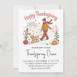Trendy Thanksgiving Dinner Girl Dog Farm Pumpkin  Invitation