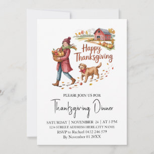 Trendy Thanksgiving Dinner Girl Dog Farm Pumpkin Invitation