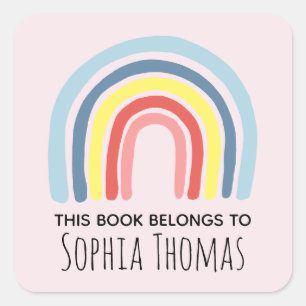 Trendy 'This Book Belongs' Rainbow Kids Bookplate Square Sticker