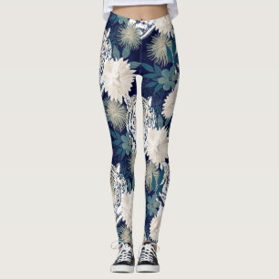 Trendy Tiger Animal Watercolor Floral Blue Design Leggings