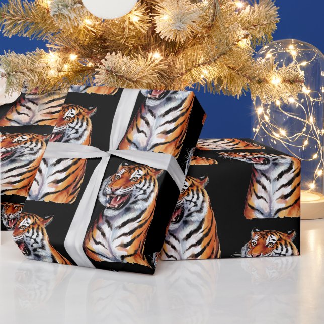Trendy Tiger Head Black Wrapping Paper (Holidays)