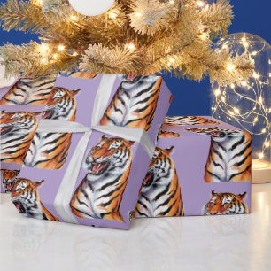 Trendy Tiger Head Purple Wrapping Paper