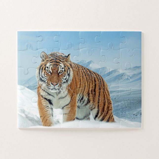 Trendy Tiger Snow Mountains Animal Photo Winter Jigsaw Puzzle (Horizontal)