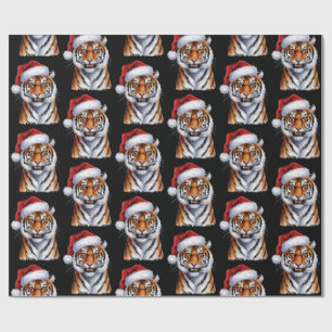 Trendy Tiger with Santa Hat Christmas Black  Wrapping Paper